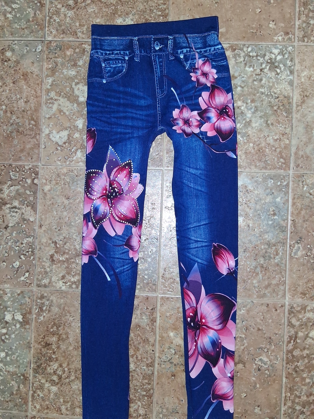 Slim Fit Blue Leggings with Pink Floral Print